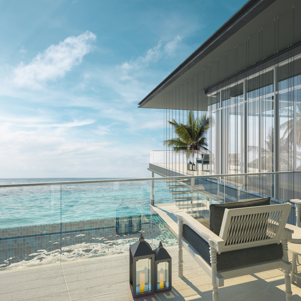 Sea view swimming pool in modern loft design,Luxury ocean Beach Sea view swimming pool in modern loft design,Luxury ocean Beach house, 3d rendering